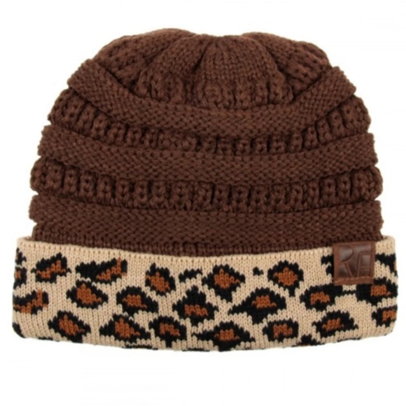 Brown Leopard Cuff Knitted Beanie NWT - Picture 1 of 4